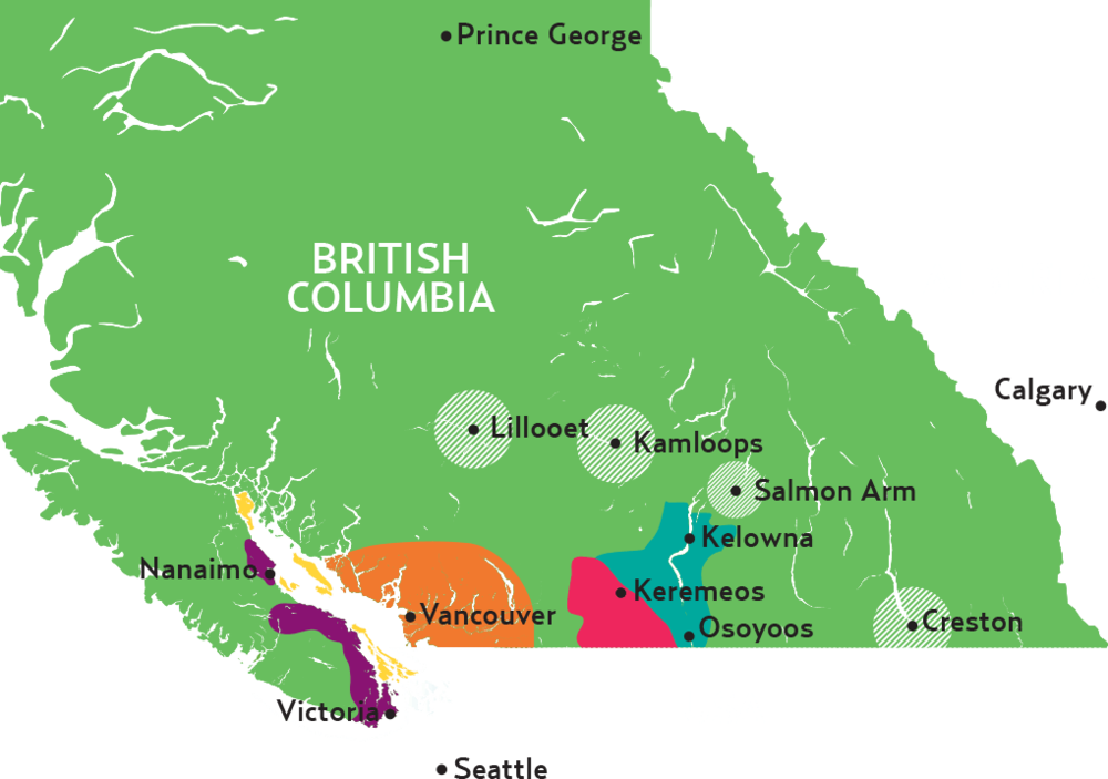  The Okanagan Valley is in the central-south region of BC, running from Osoyoos to Kelowna. 