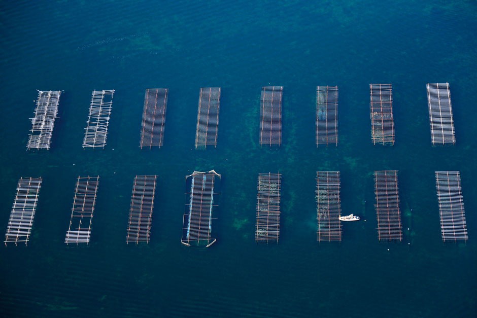  An aerial view of the oyster beds of L’etang de Thau 
